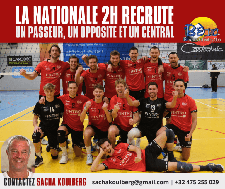 Pour 2024-2025, la nationale 2 hommes de BEVC recrute un passeur, un opposite et un central à Bruxelles pour son championnat de volleyball